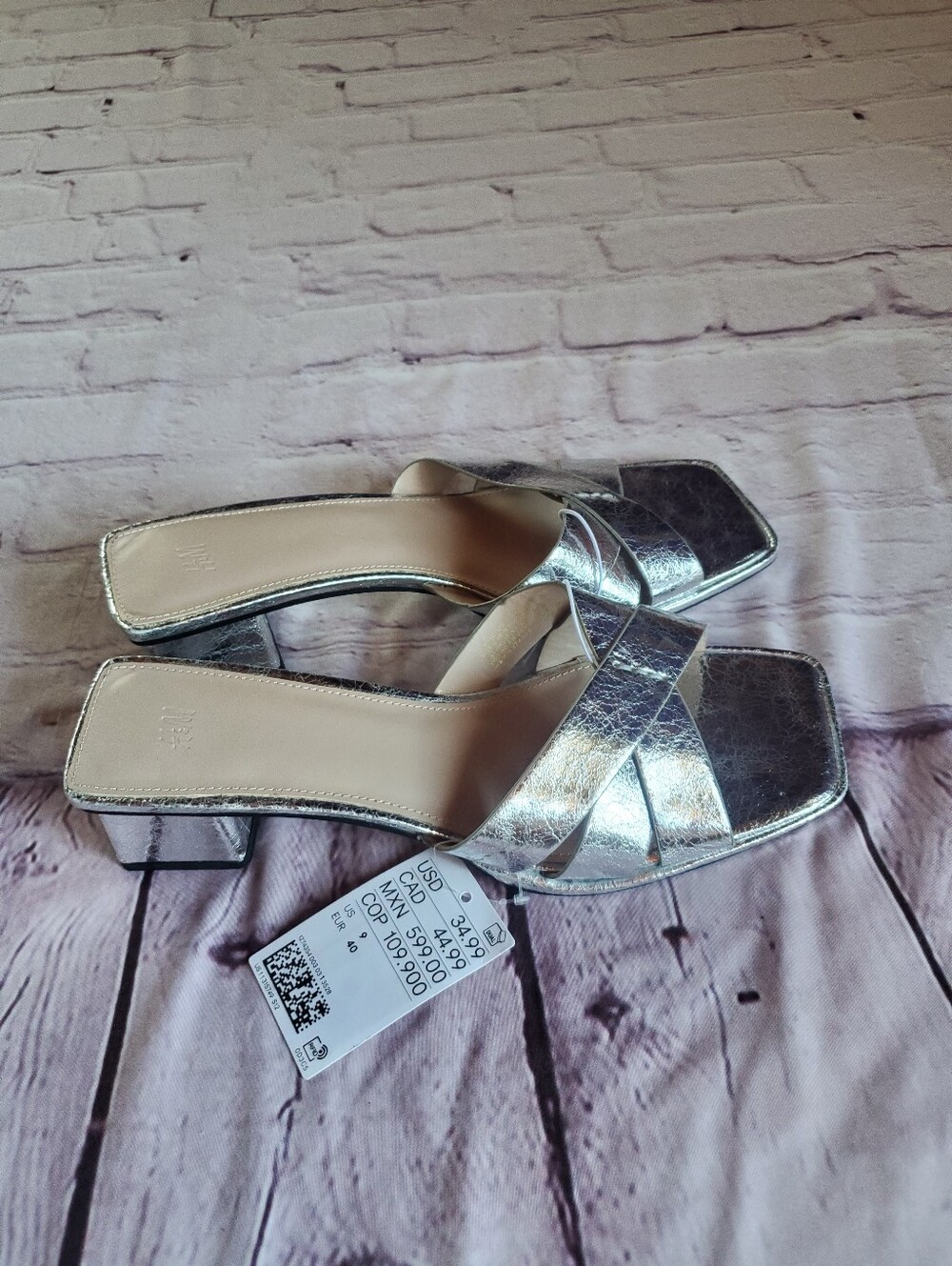 Metallic Silver Low Block Heel Slide Sandals Square Toe Crossover Foot Straps 9 - Picture 4 of 14